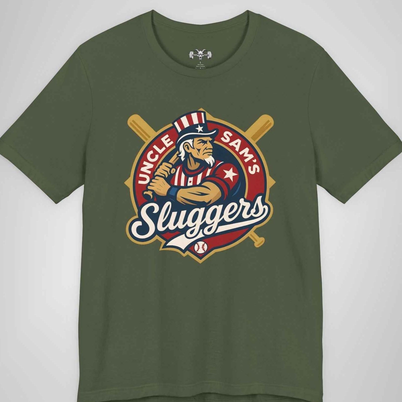 Uncle Sam’s Sluggers T-Shirt - Patriotic Gym Shirt with Retro Baseball Logo