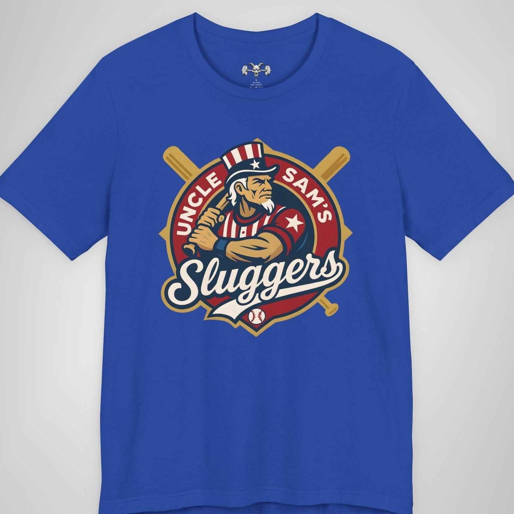 Uncle Sam’s Sluggers T-Shirt - Patriotic Gym Shirt with Retro Baseball Logo